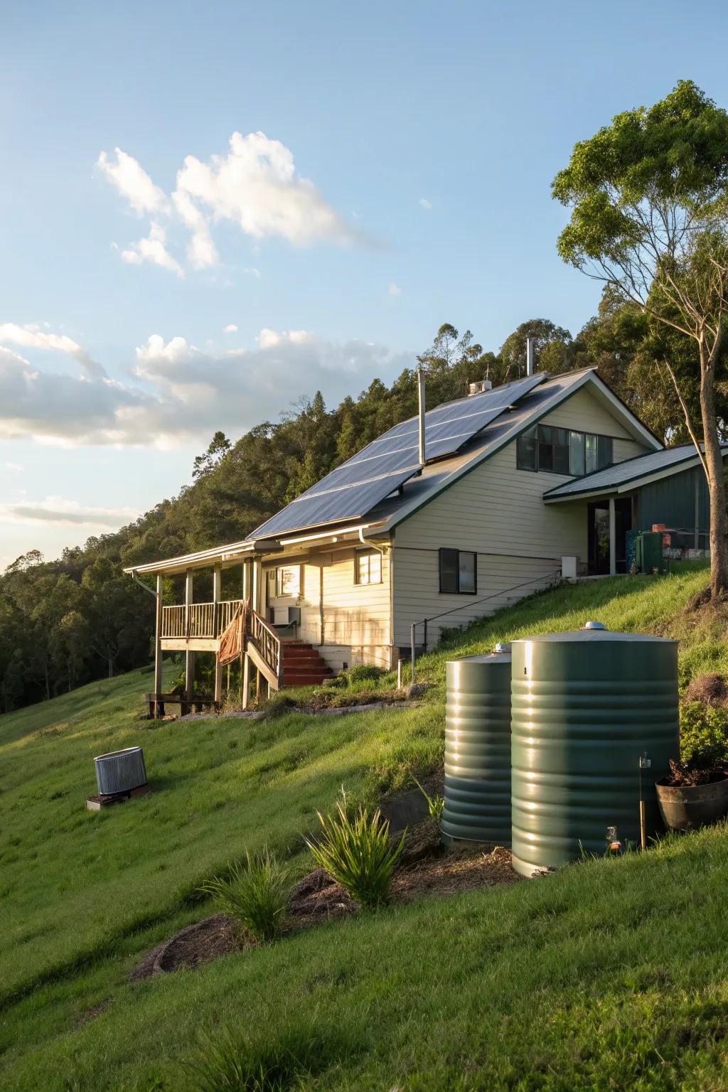 Sustainable features make hillside living both eco-friendly and efficient.