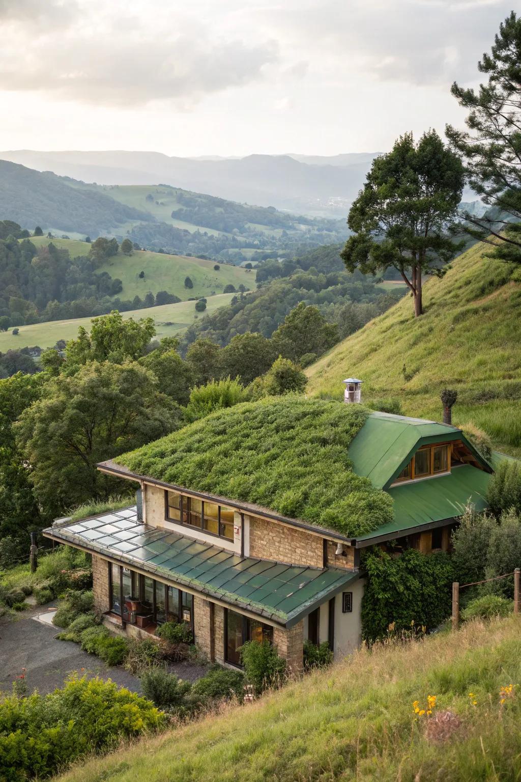 Green roofs offer beauty and environmental benefits on a hillside.