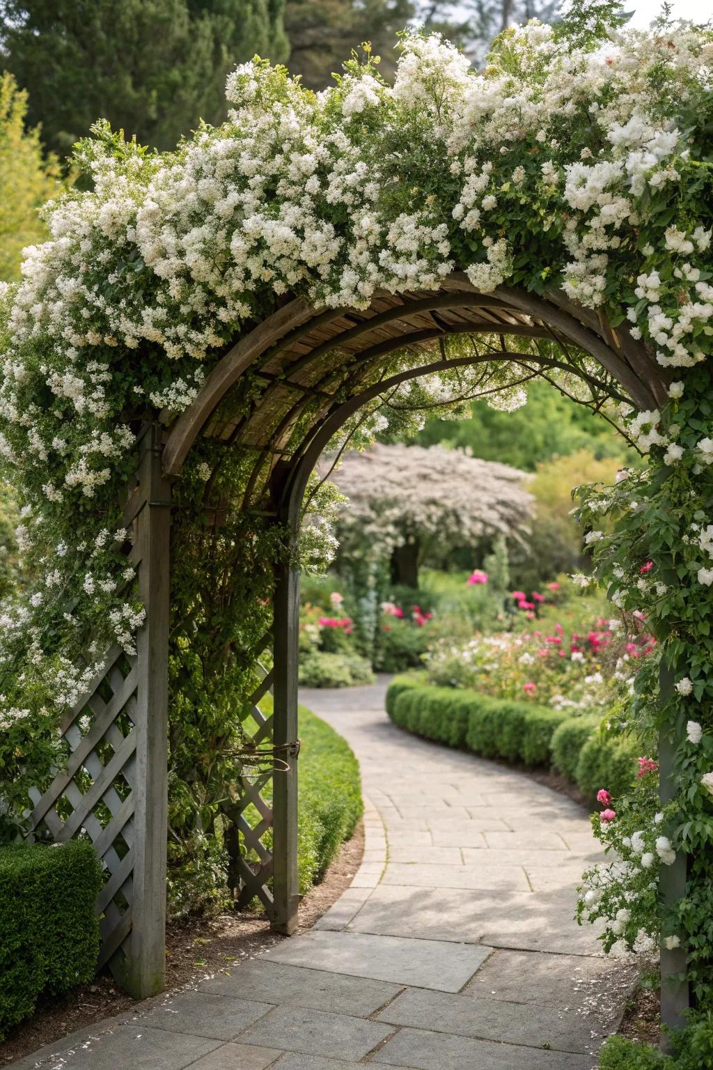 A welcoming garden arch adorned with fragrant jasmine blooms.