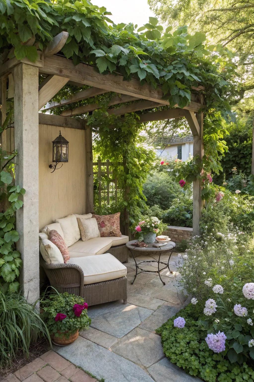 A cozy garden nook with seating under a pergola, enveloped by greenery.
