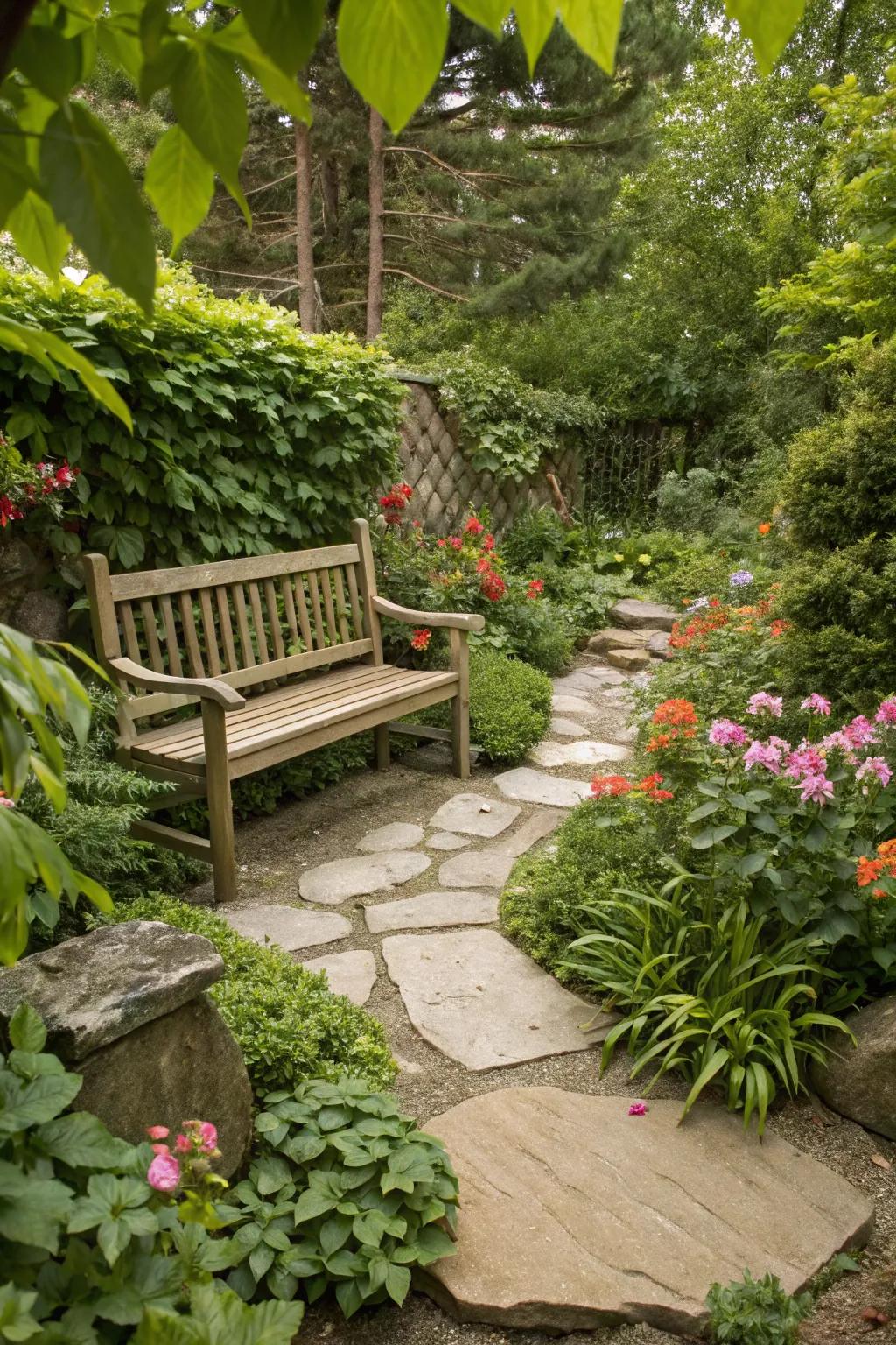 A garden harmoniously incorporating a wooden bench and natural stone.