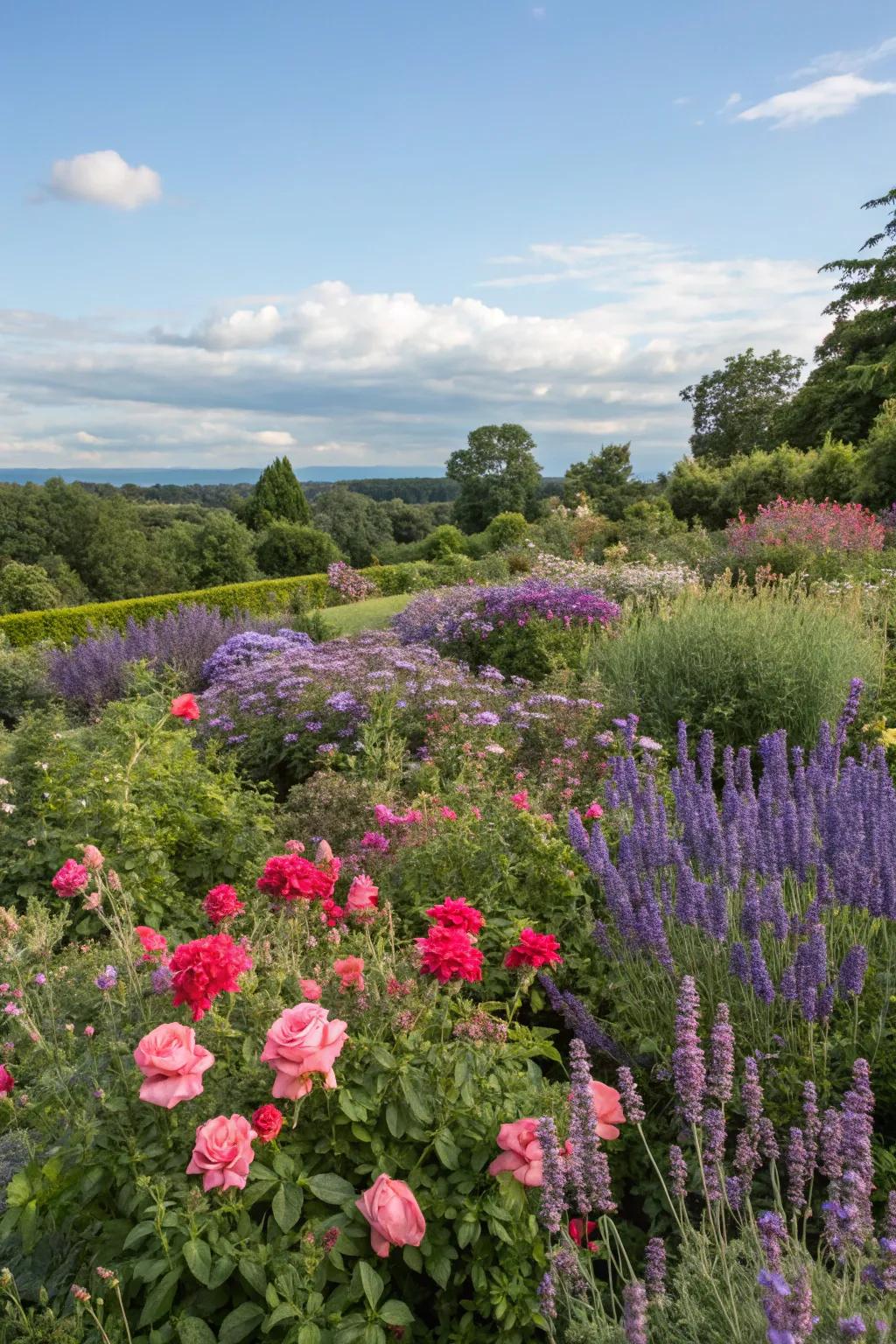 A colorful garden with roses and lavender adding vibrant pops of color.
