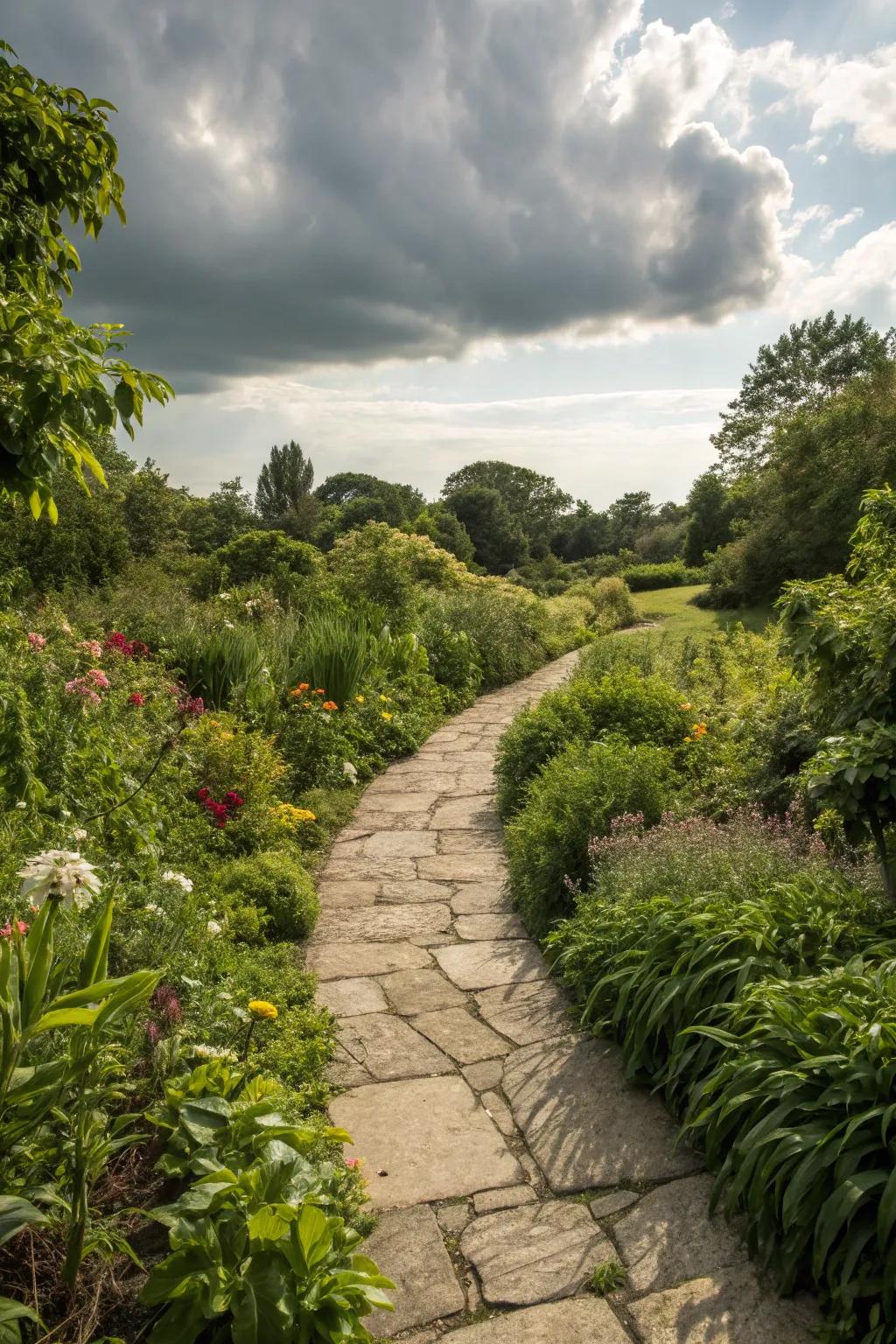 A charming stone pathway winding through a vibrant green garden.