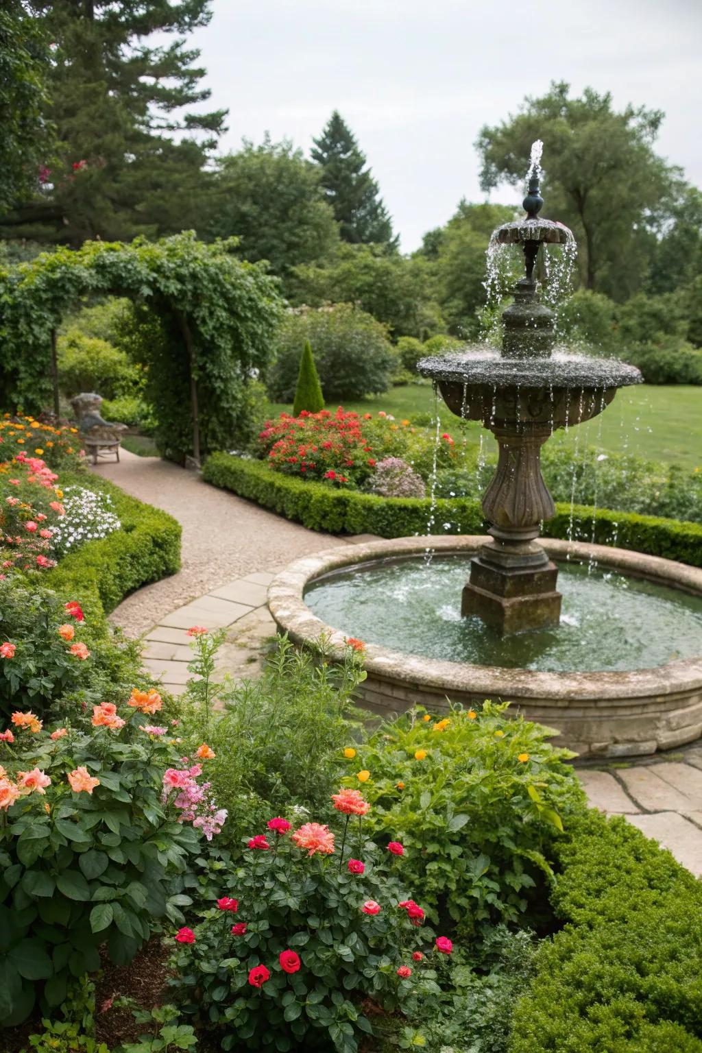 A serene garden corner featuring a small fountain among lush greenery.