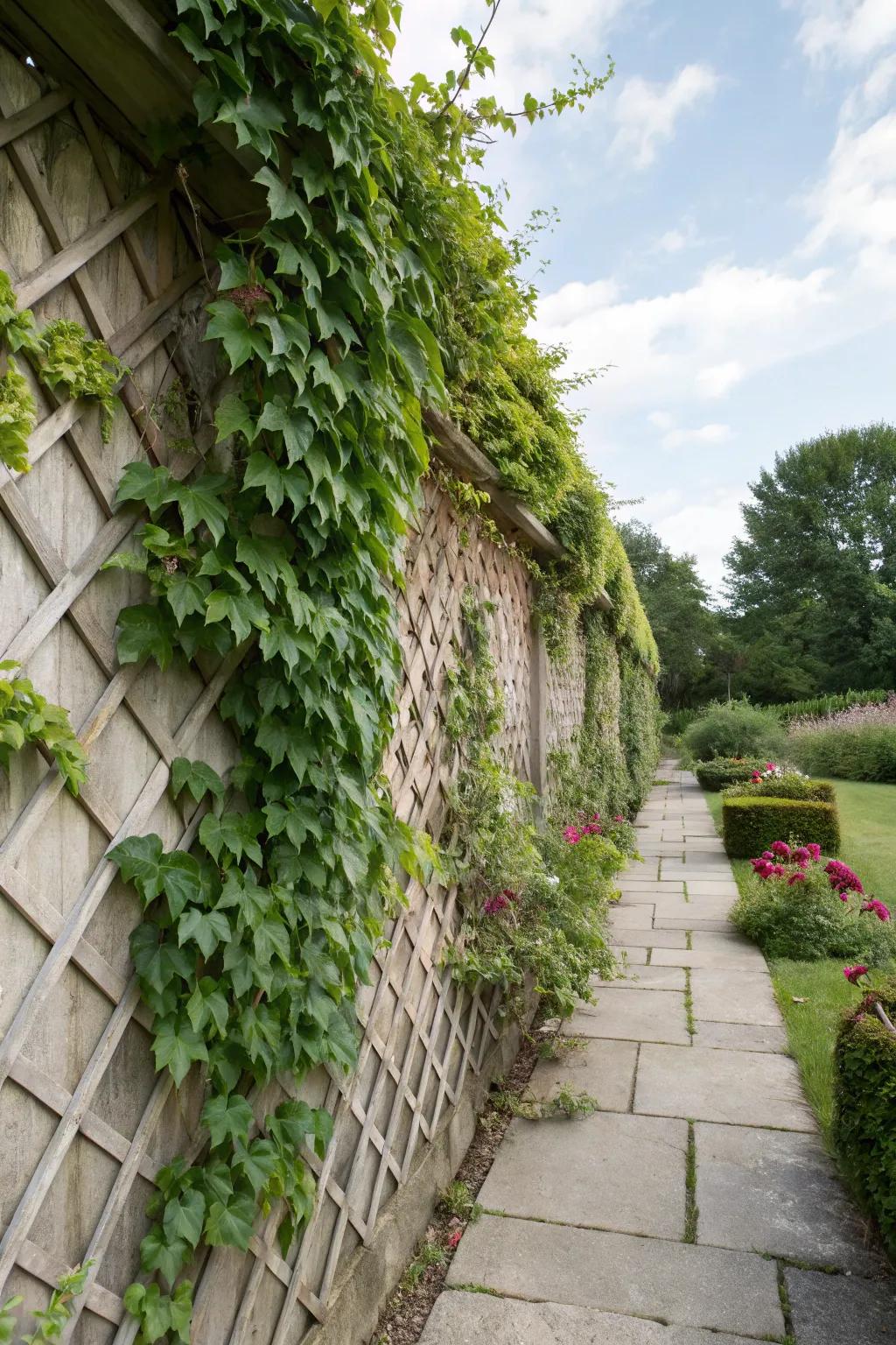 A garden wall transformed by a trellis adorned with climbing ivy.