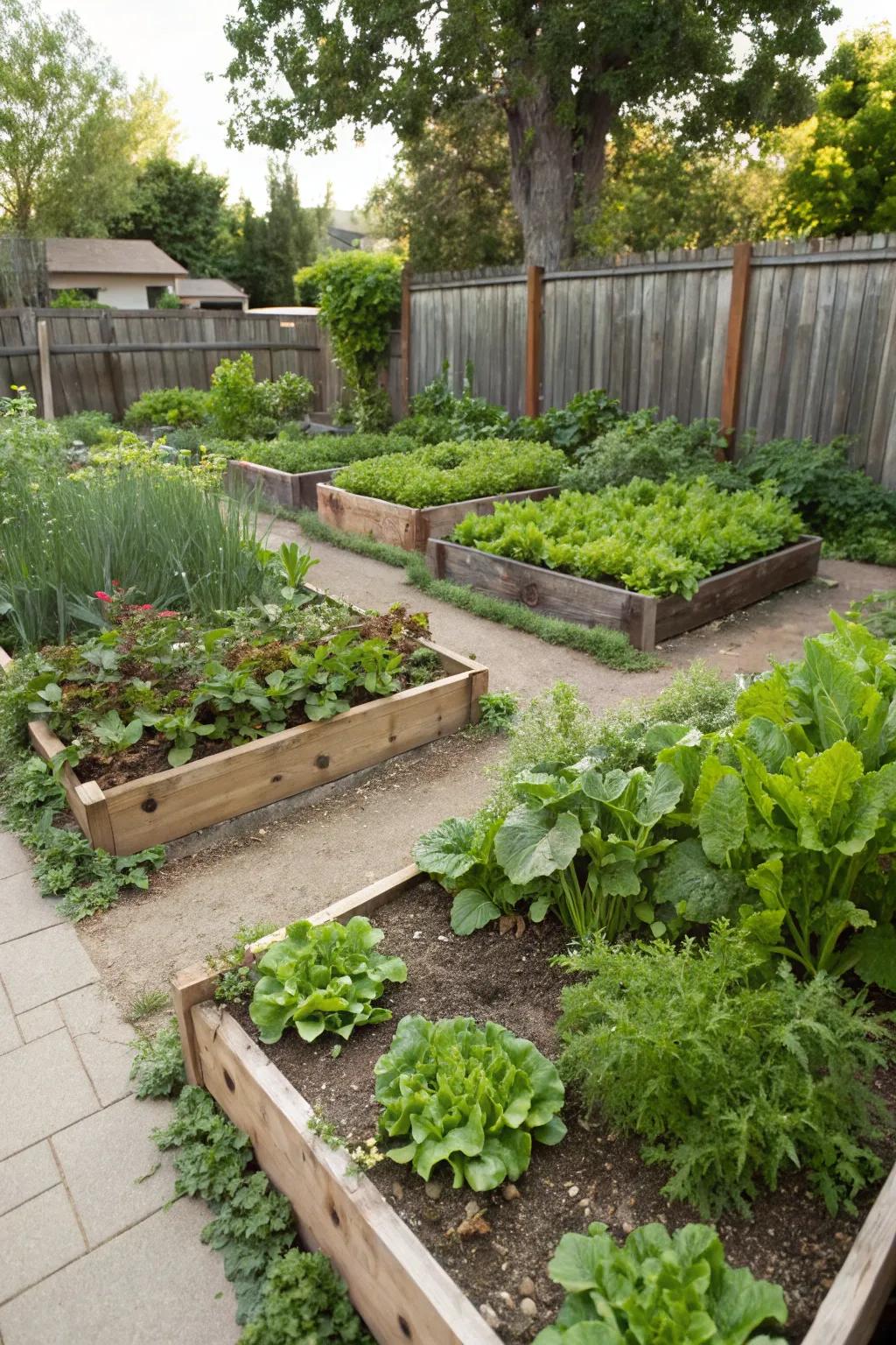A garden featuring raised beds brimming with edible greenery.