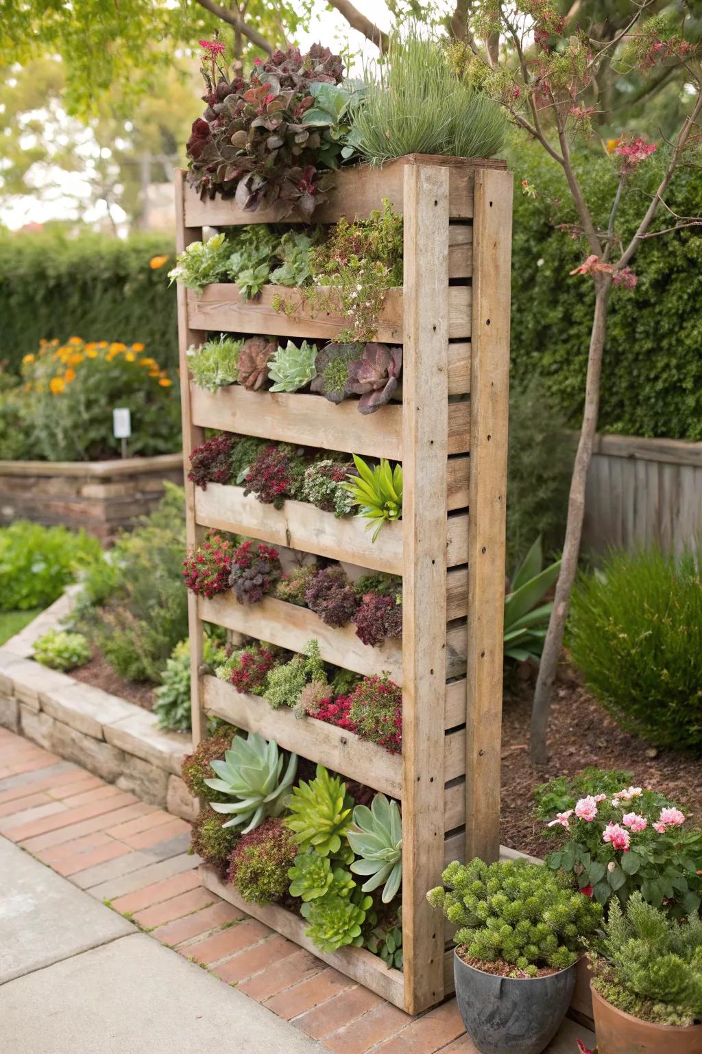 A sustainable garden feature using recycled pallets for a vertical succulent planter.