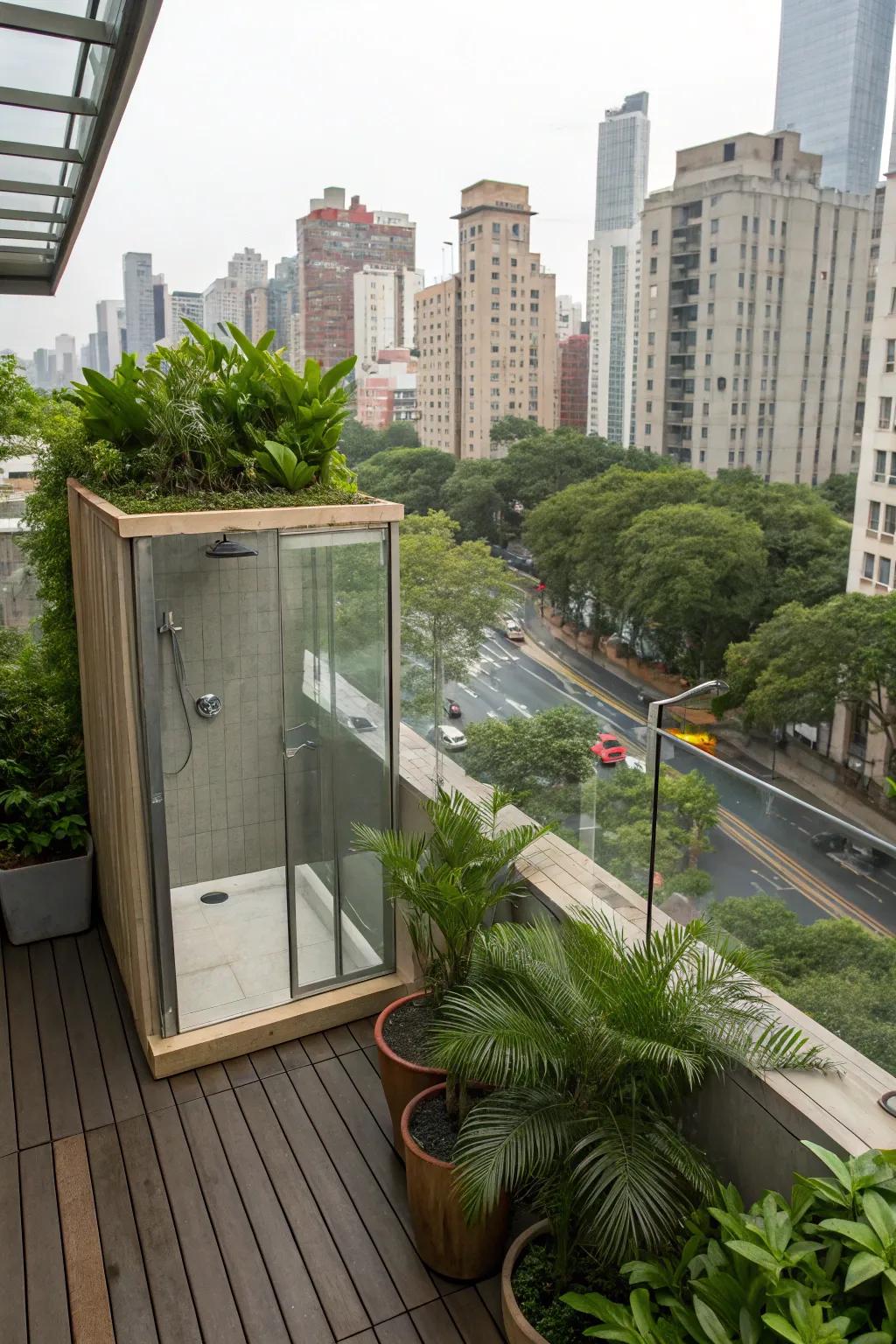 Rooftop bathrooms offer urban oasis vibes.