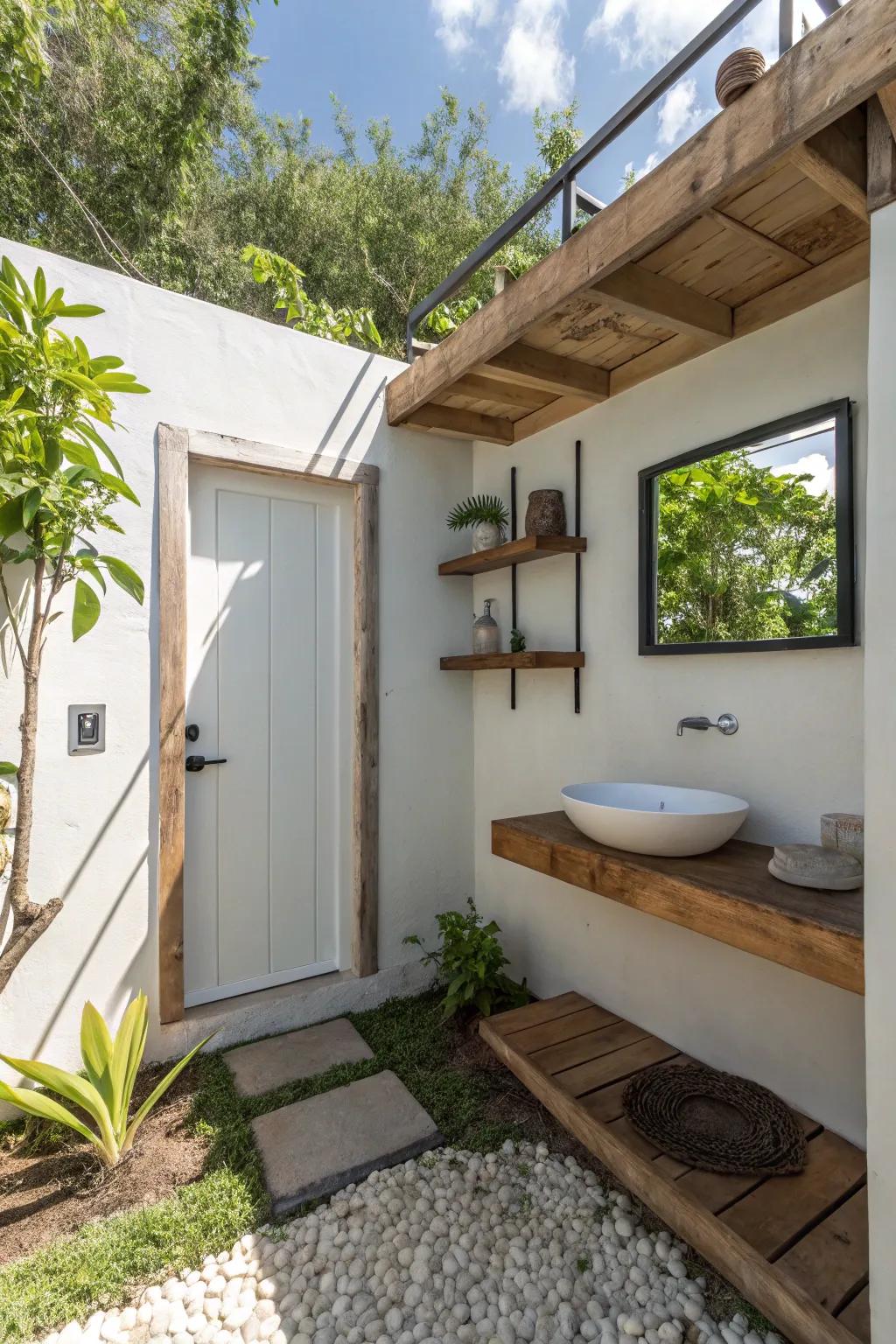 Floating shelves offer style and storage.