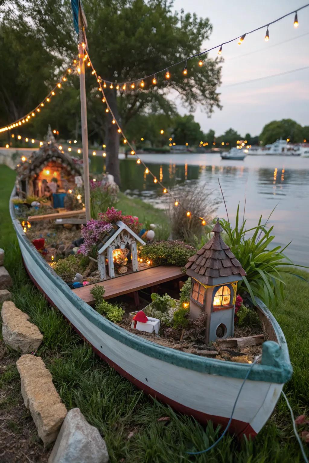 A magical fairy garden in a boat