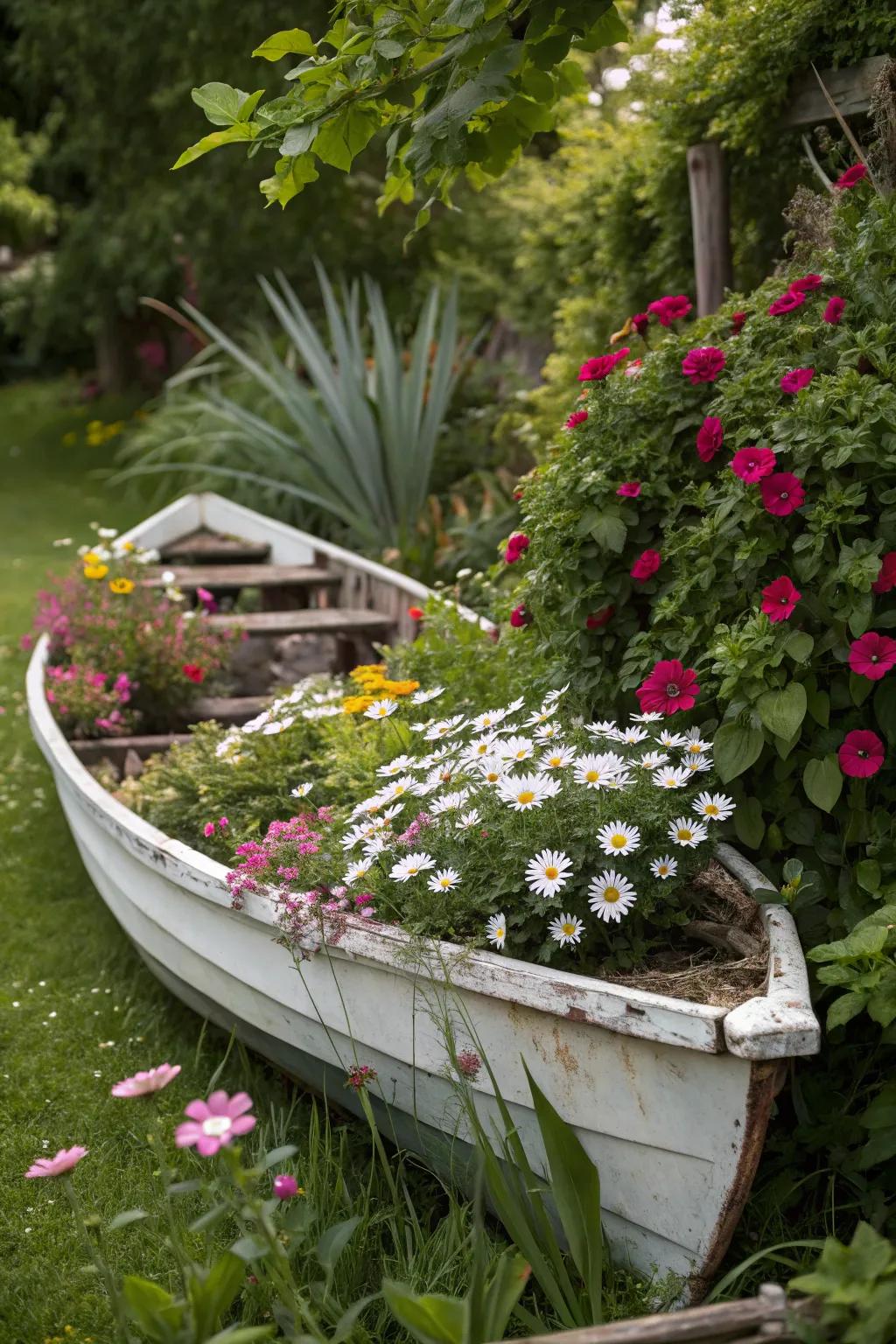 A boat planter bursting with color