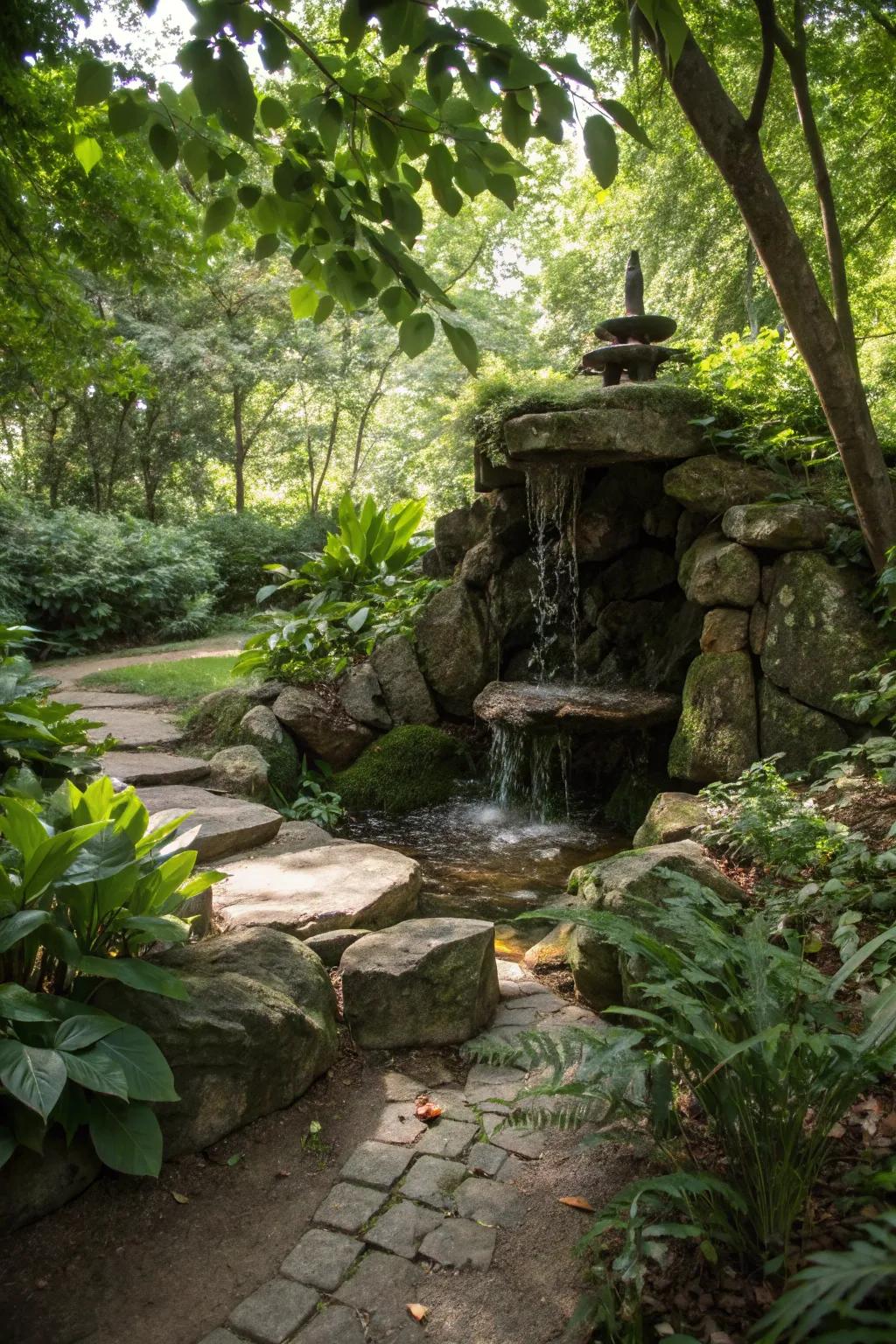 A hidden grotto fountain offers a secret sanctuary within your garden.
