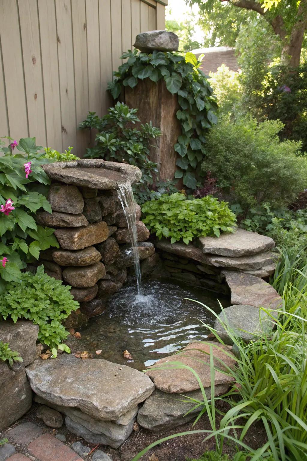 A corner rock fountain transforms unused space into a relaxing retreat.