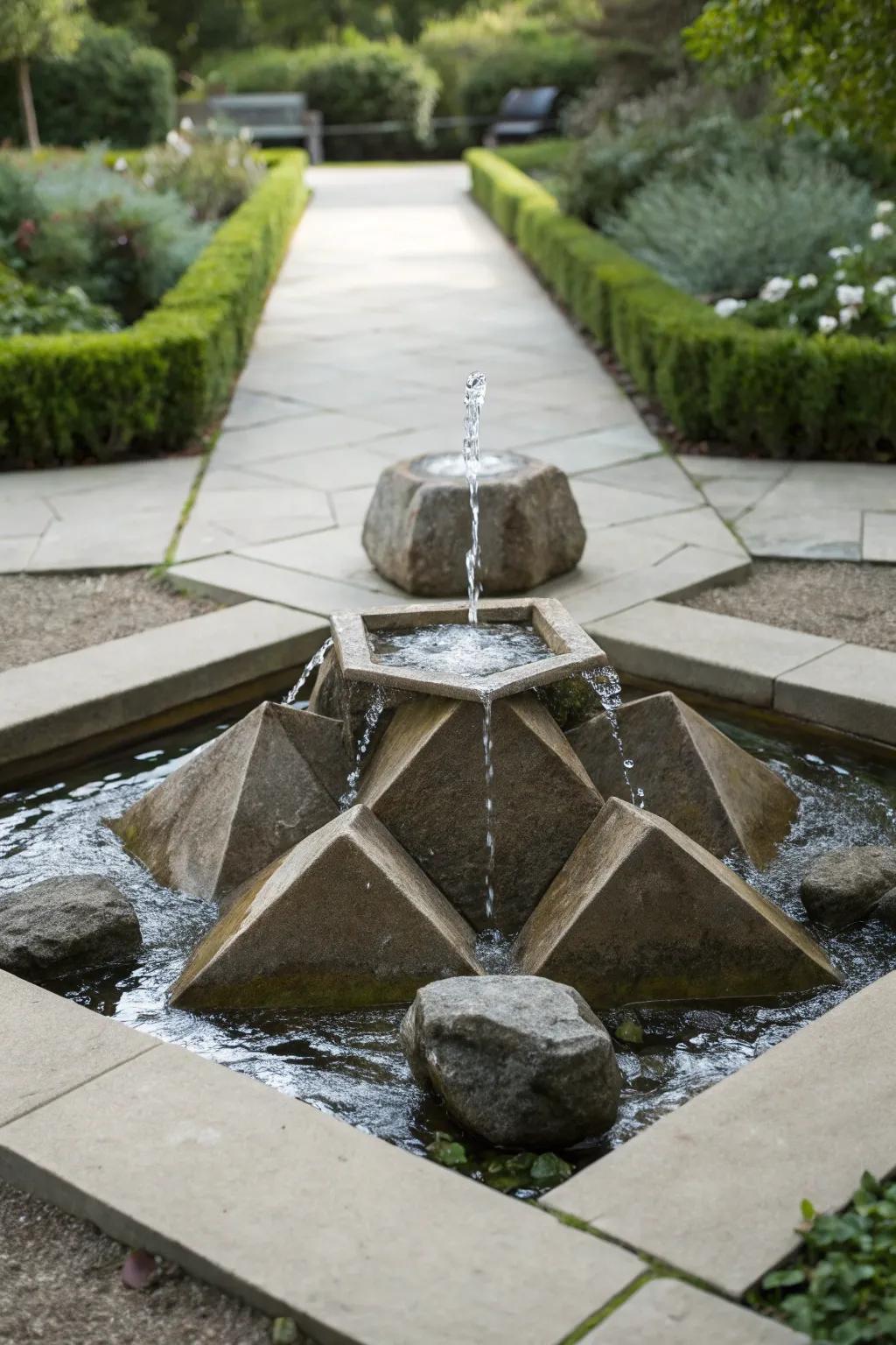 A geometric design adds a modern touch to traditional rock fountain aesthetics.