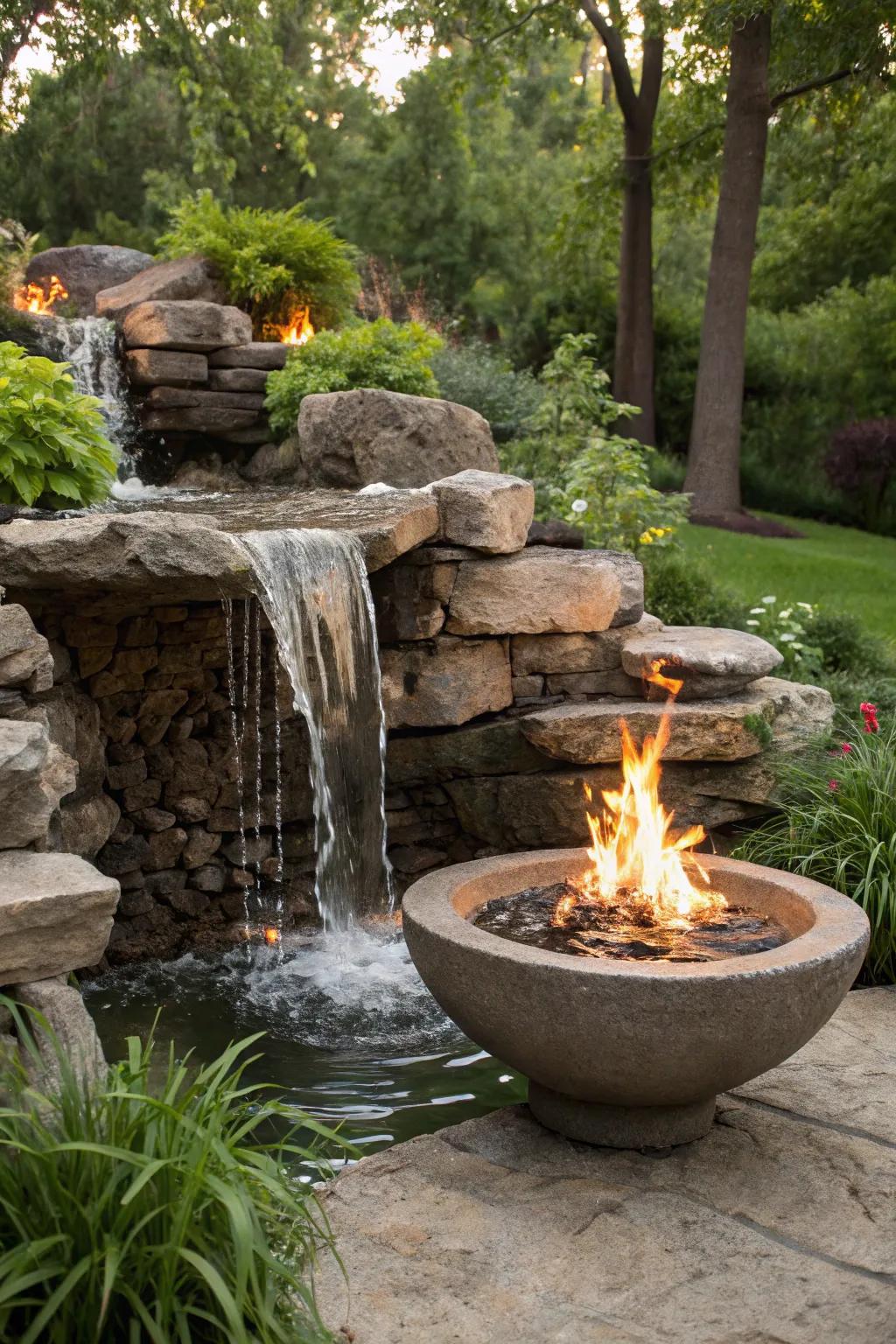 The combination of water and fire features creates a captivating garden focal point.
