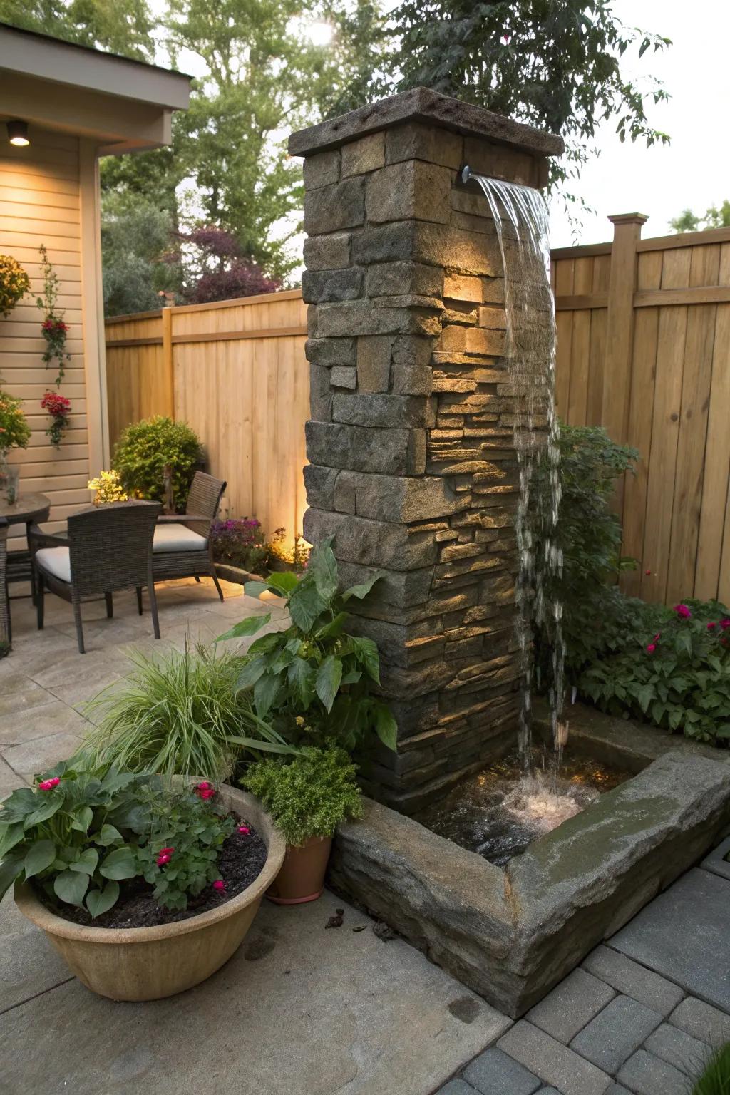 A wall-mounted rock fountain adds vertical interest and tranquility to small spaces.