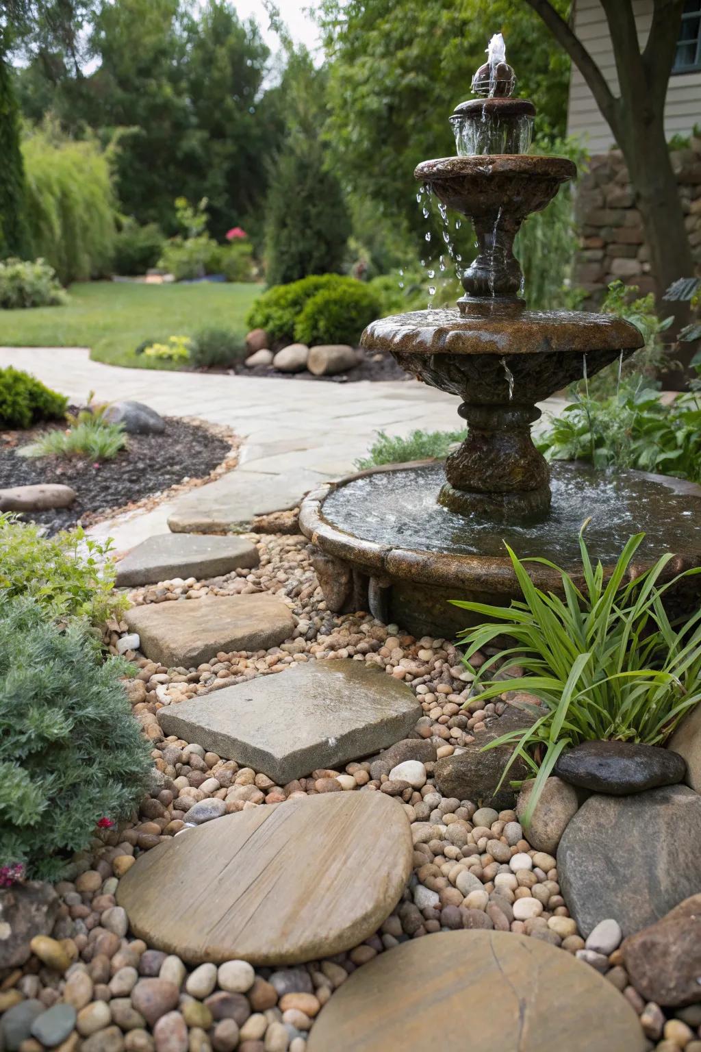 Pebble ground cover integrates the fountain seamlessly into the garden landscape.