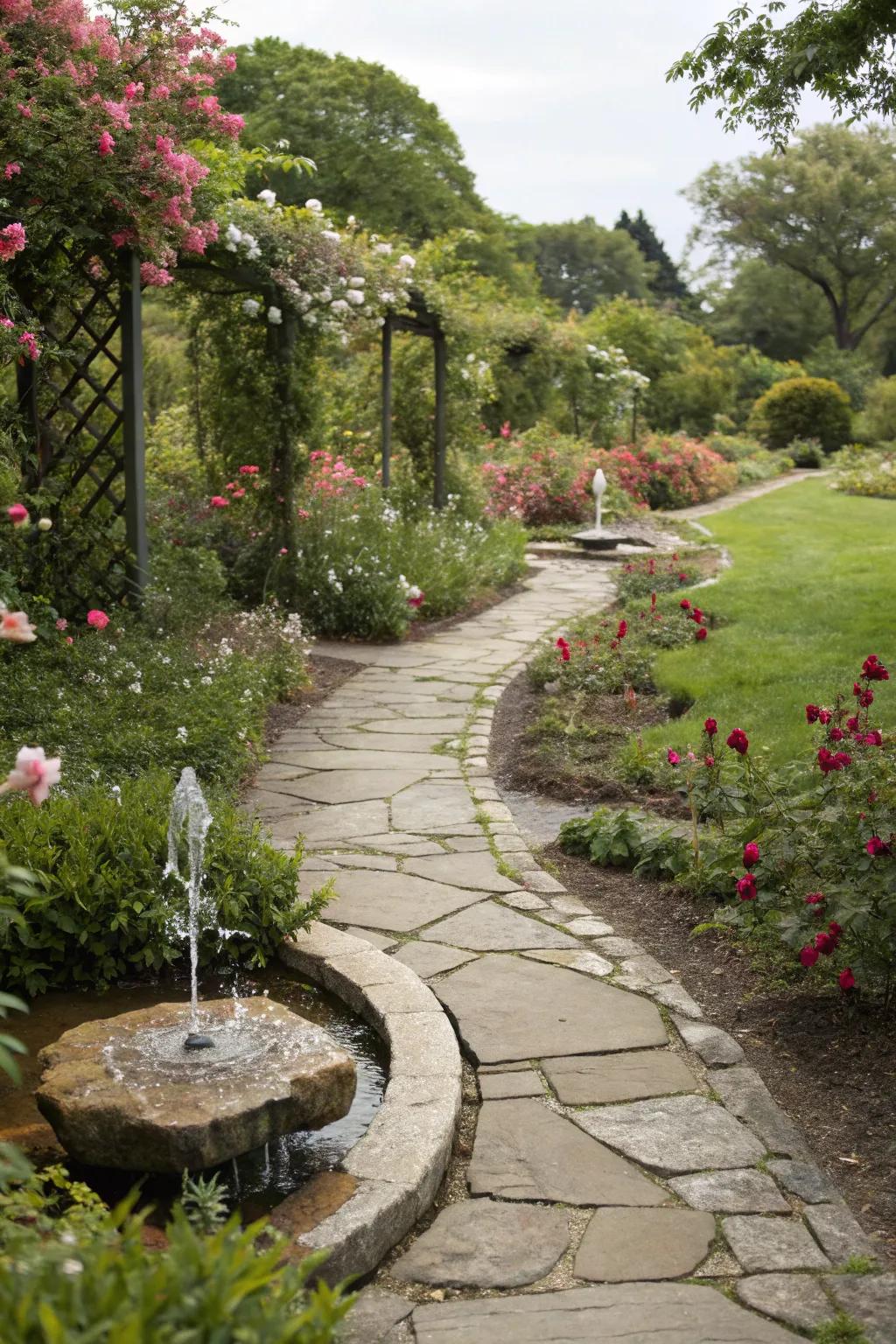 Rock fountain accents add charm and relaxation to garden pathways.