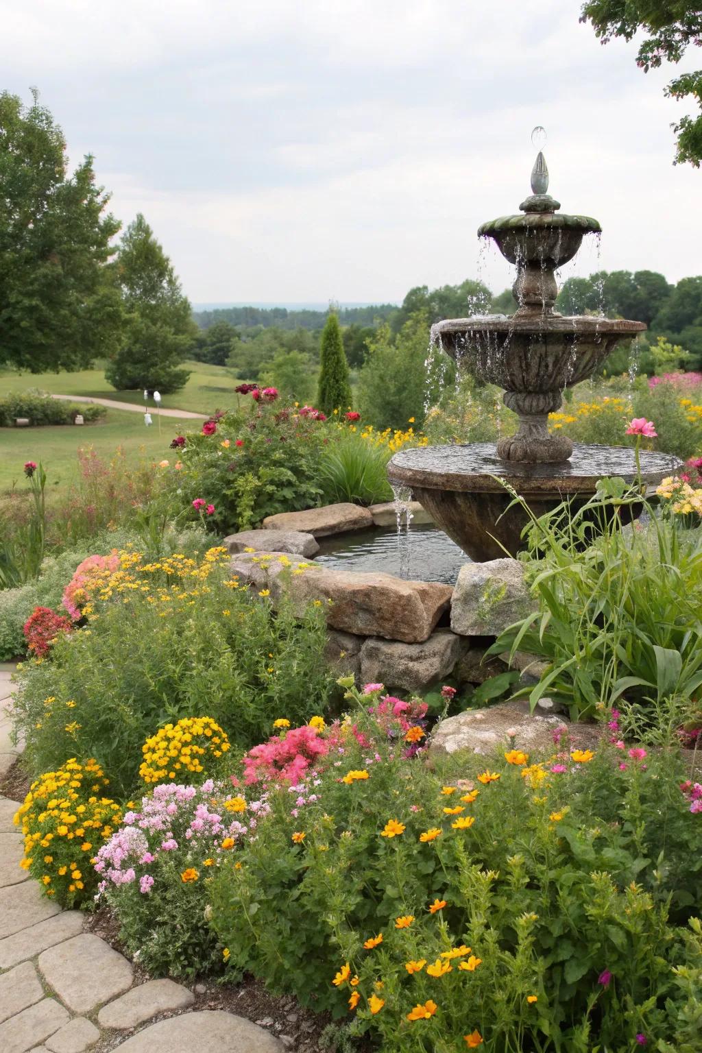 Wildflowers bring color and vibrancy to the calming presence of a rock fountain.