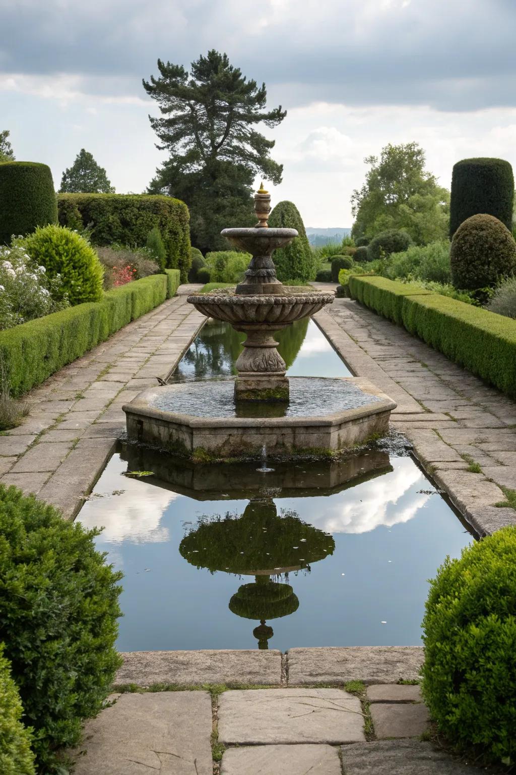 A reflection pool adds depth and serenity to the calming sound of a rock fountain.