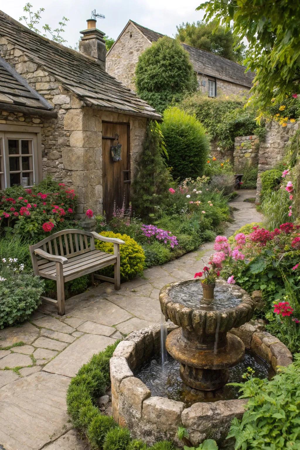 A cottage garden setting enhances the charm of a quaint rock fountain.
