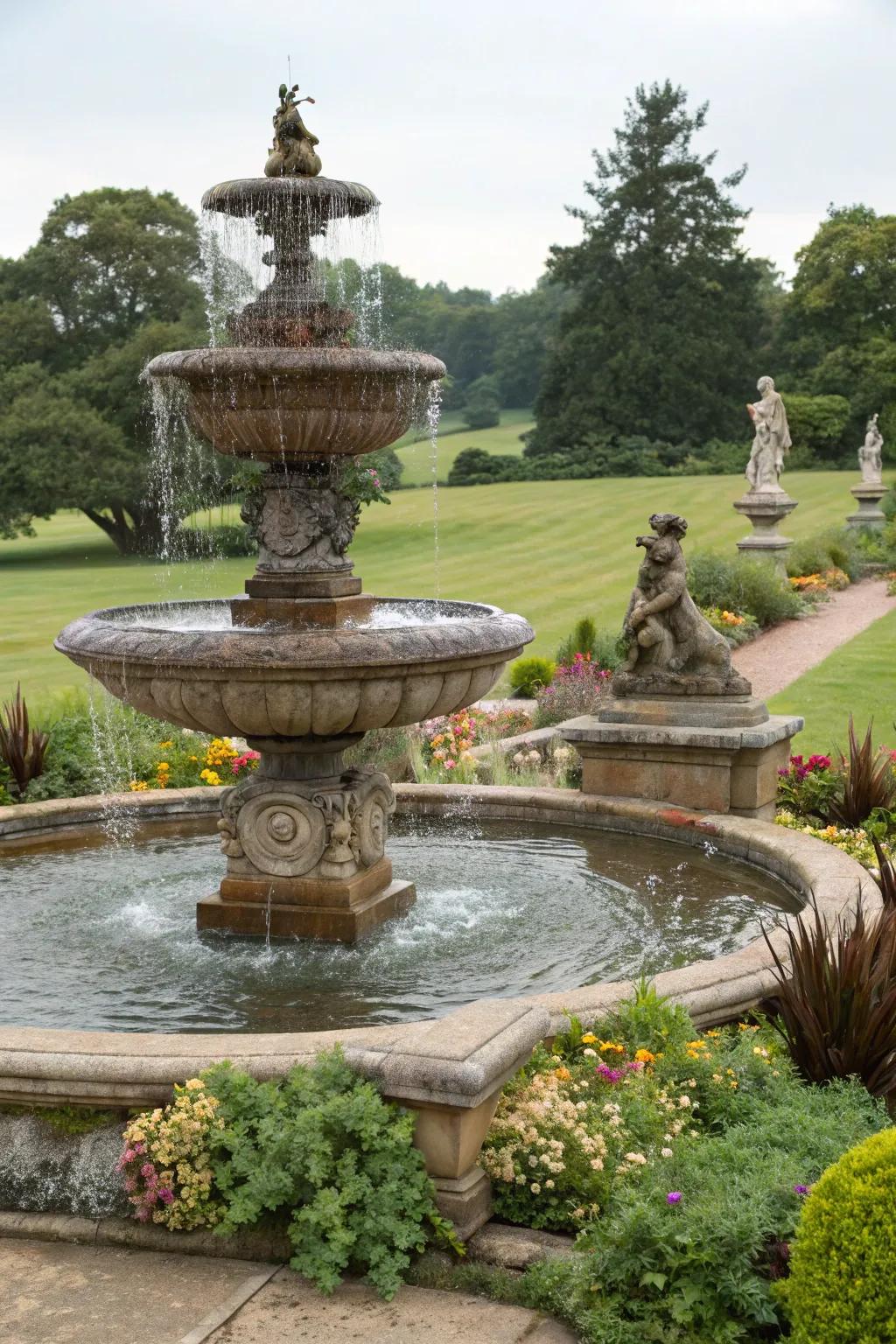 A tiered bowl fountain adds elegance and movement to a formal garden.