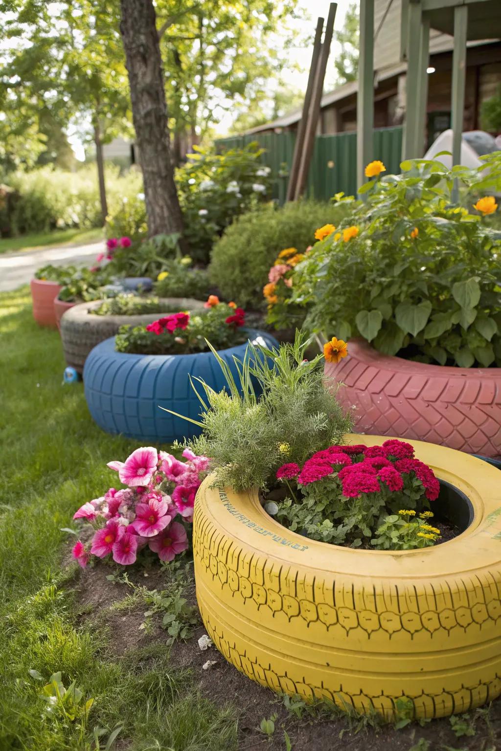 Recycled tire planters add a pop of color and creativity.
