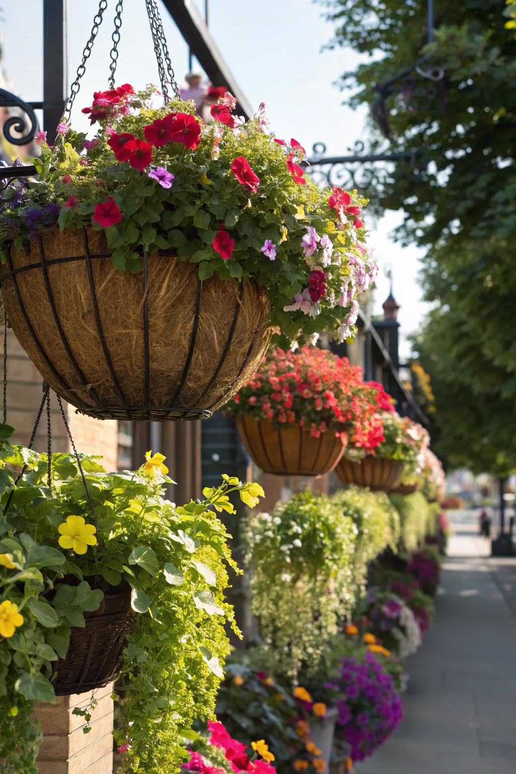 Hanging baskets create a cascade of color and life.