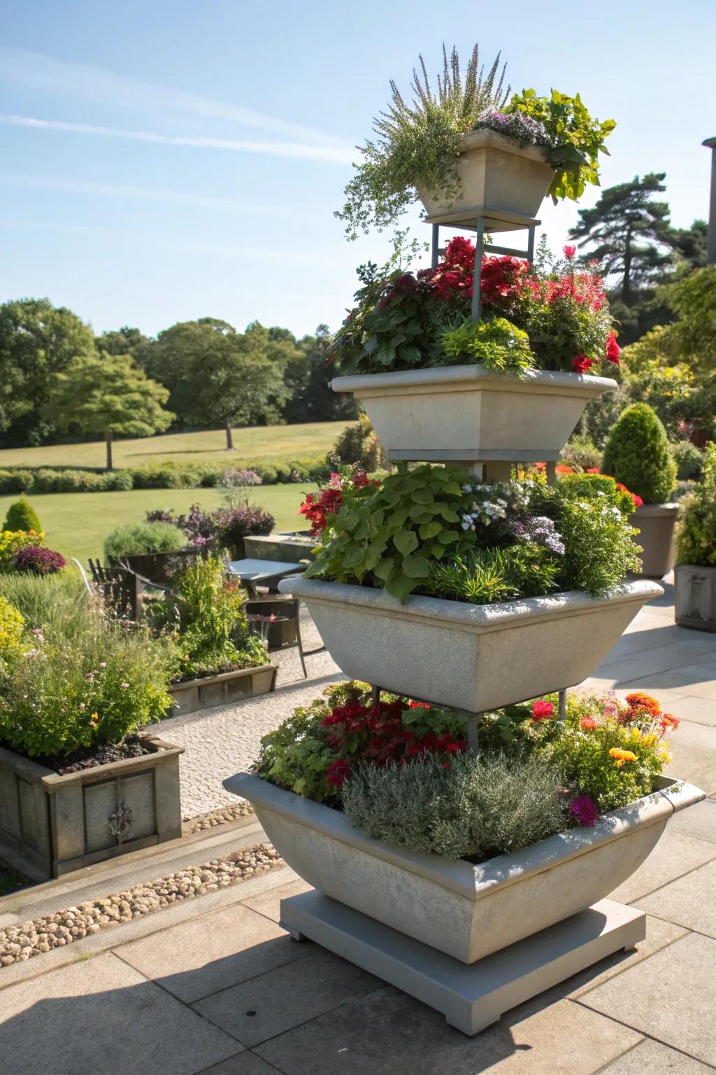 Tiered planters add depth and interest to garden designs.