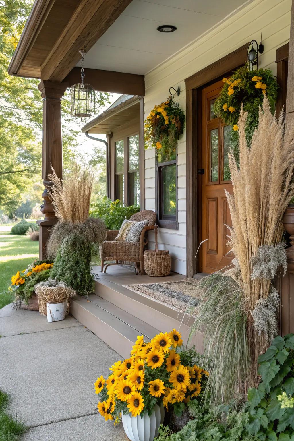 Natural textures create a serene and organic porch ambiance.