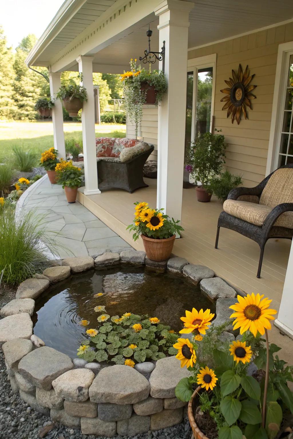 A sunflower water feature introduces a unique and calming focal point.