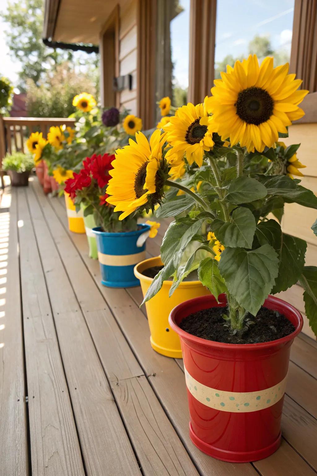 Potted sunflowers bring a splash of color and life to the porch.