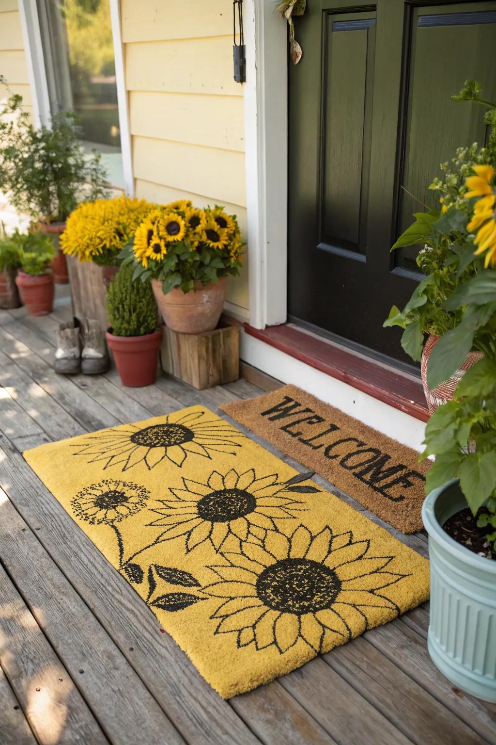 A sunflower welcome mat greets guests with cheer.