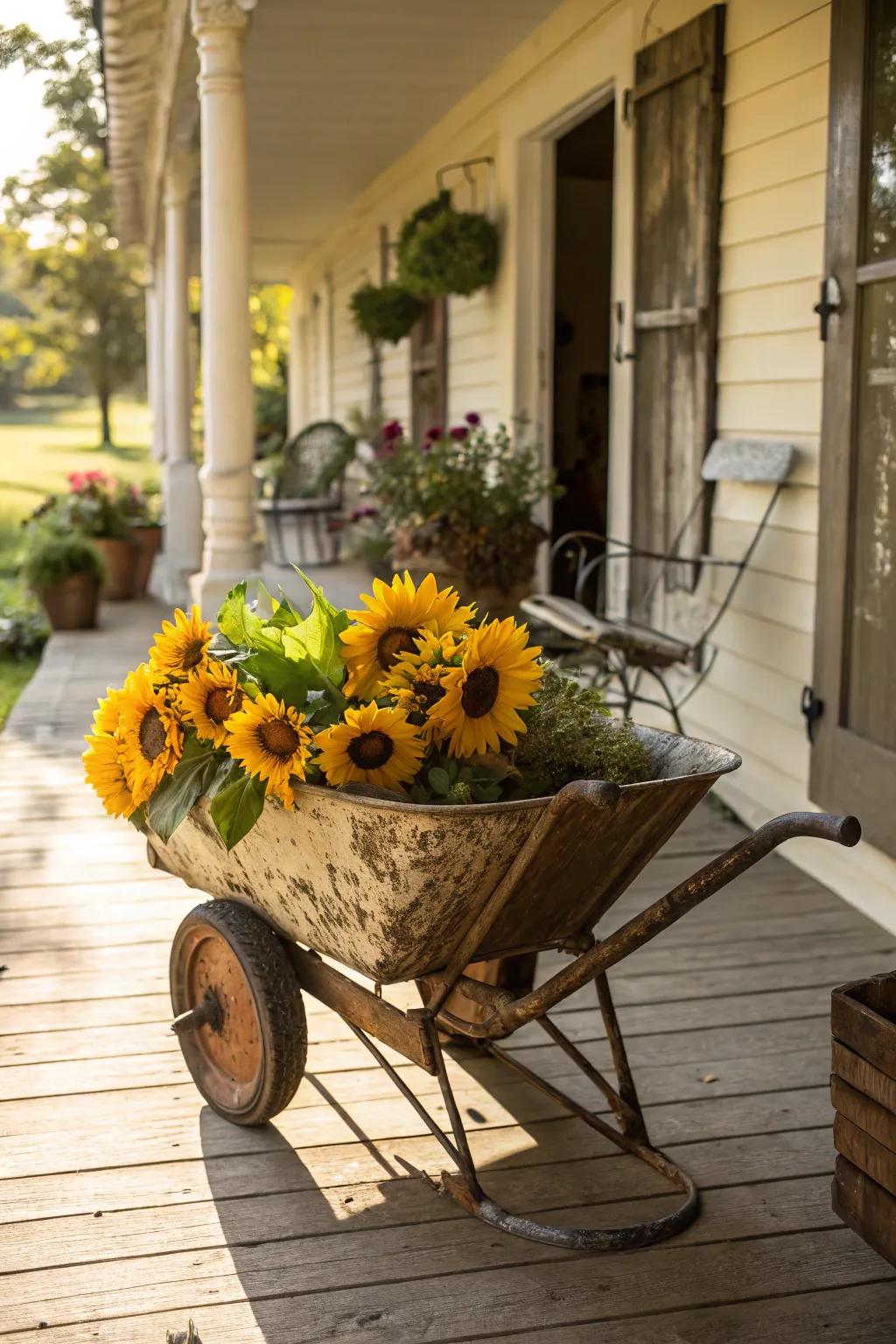 Vintage finds add a playful historical touch to the porch.