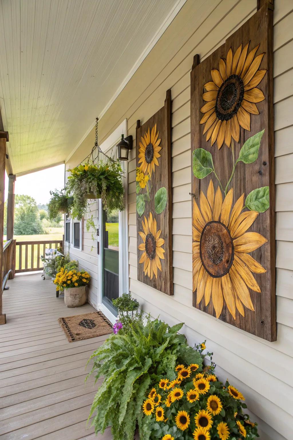 Sunflower art adds a creative flair to the porch.