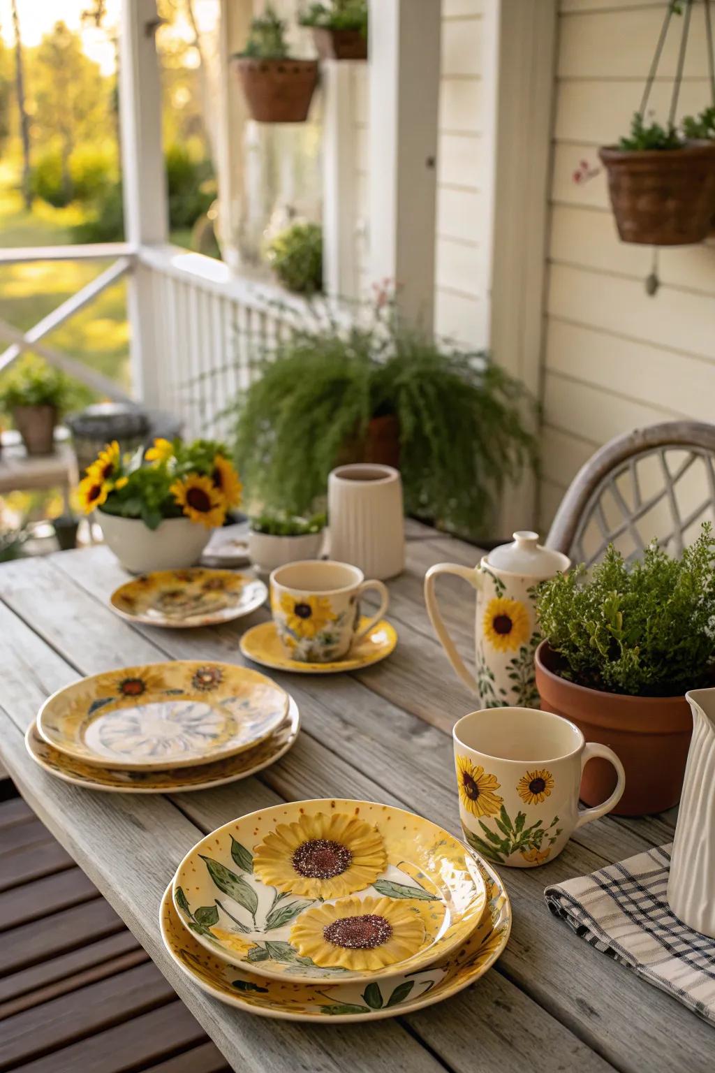 Sunflower-themed tableware elevates outdoor dining experiences.