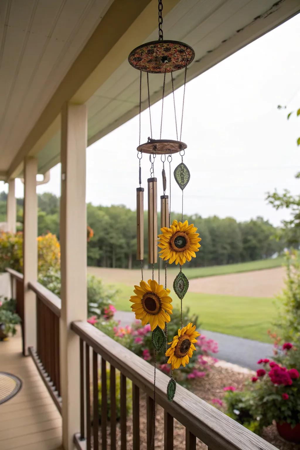 Sunflower wind chimes add a melodic and whimsical element.