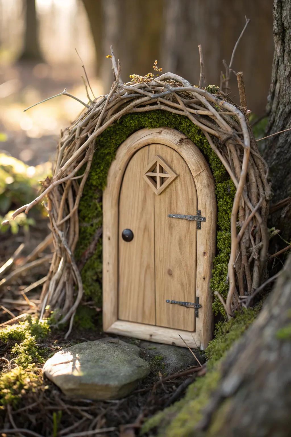 Embrace nature's magic with a rustic twig-framed fairy door, where simplicity meets enchantment. 🌿✨