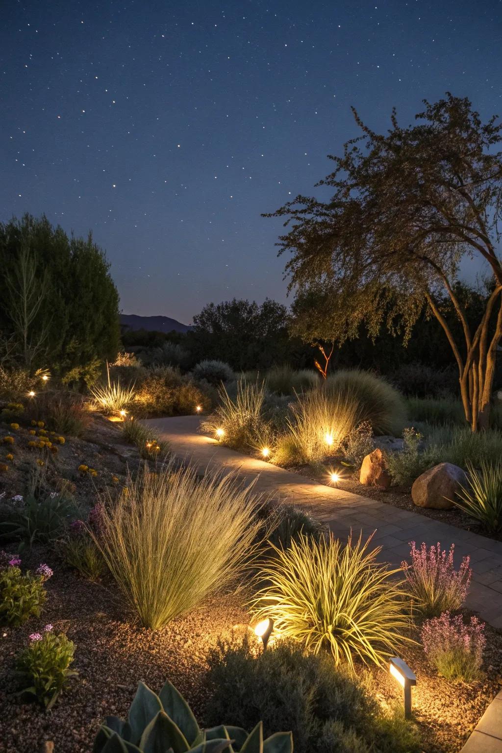Solar lighting enhances the garden's ambiance while conserving energy.