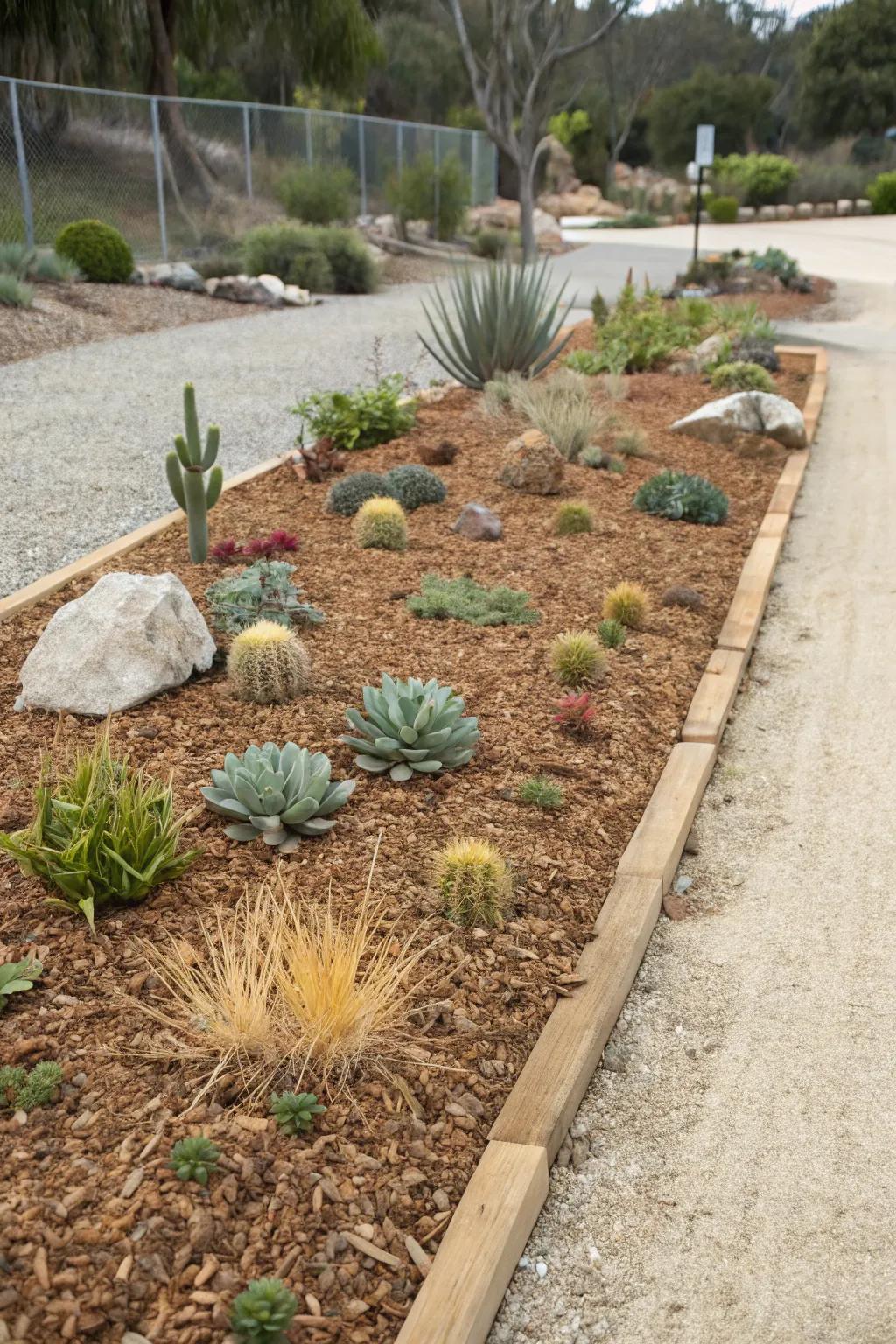 Mulch helps retain moisture and keep weeds at bay in this garden bed.