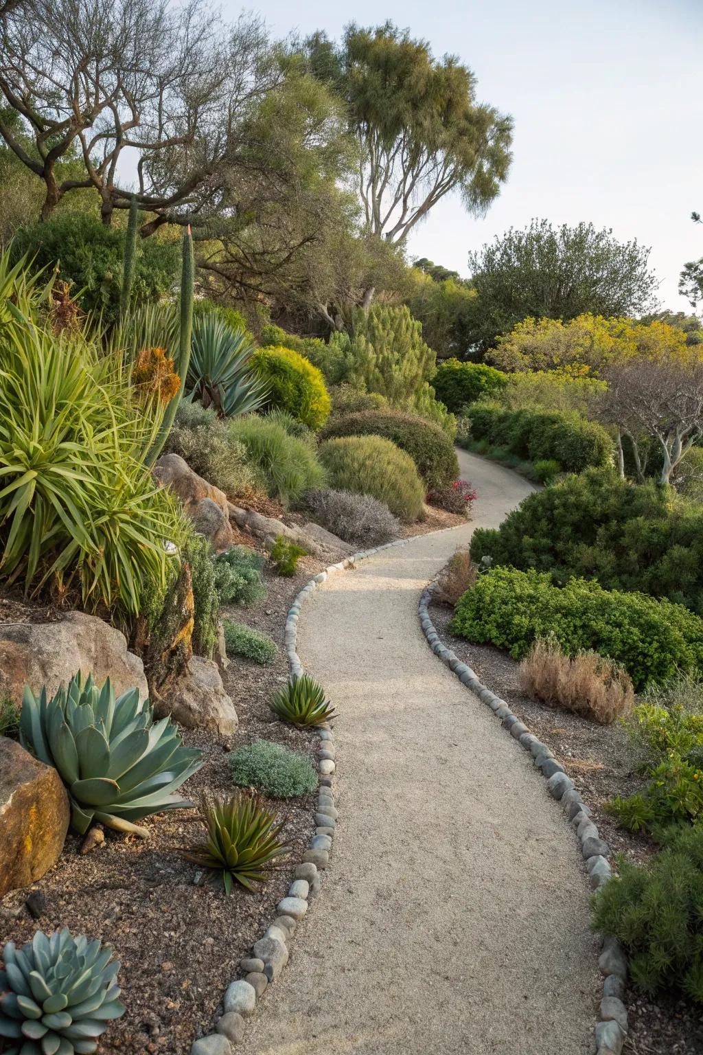 A gravel pathway winds through a serene, water-efficient garden.