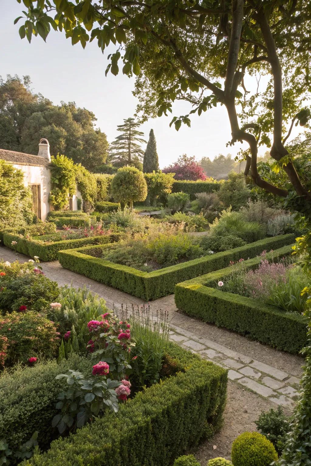 Hedges provide privacy and structure in a drought-tolerant landscape.