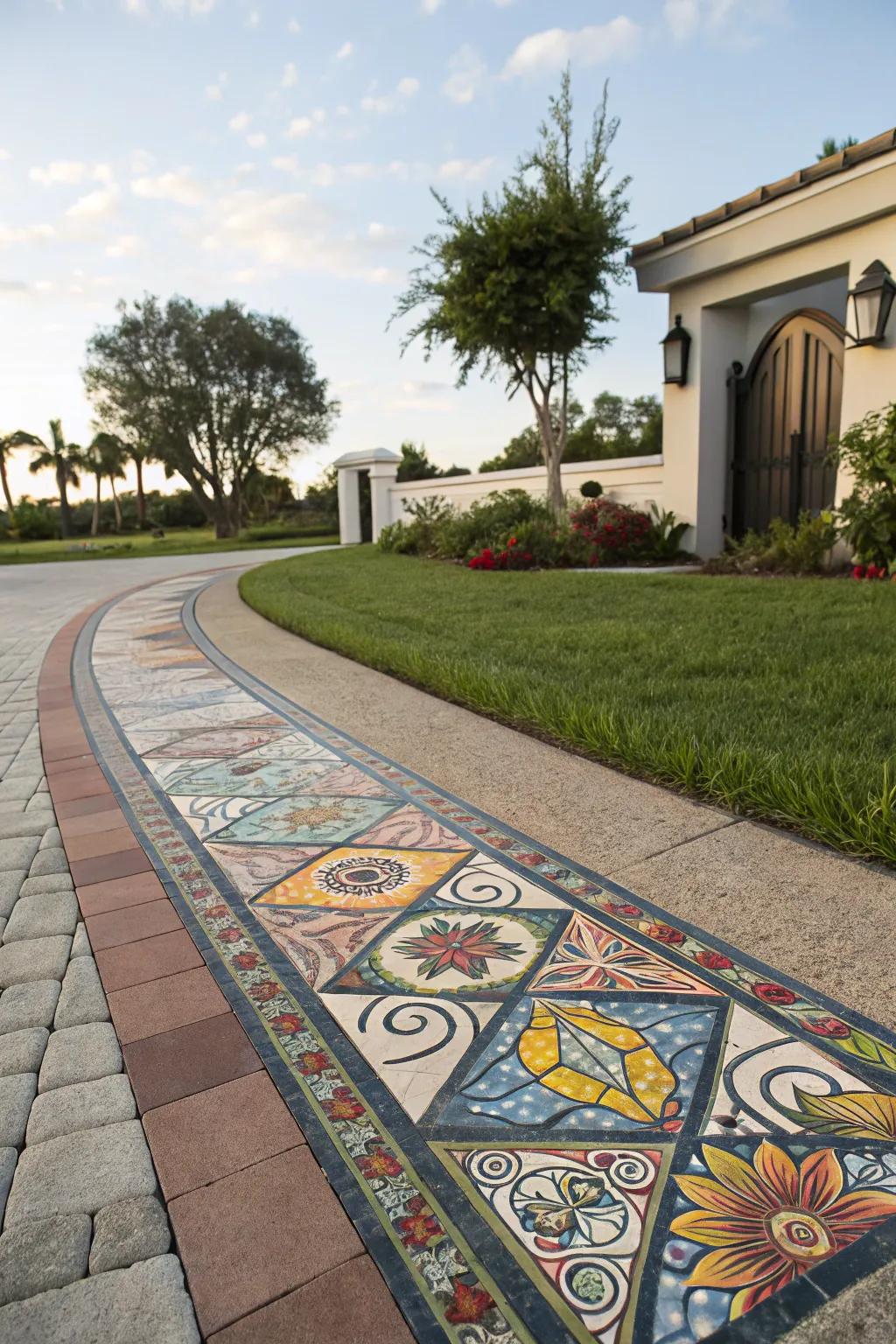 Mosaic tiles bring color and creativity to driveway edges.