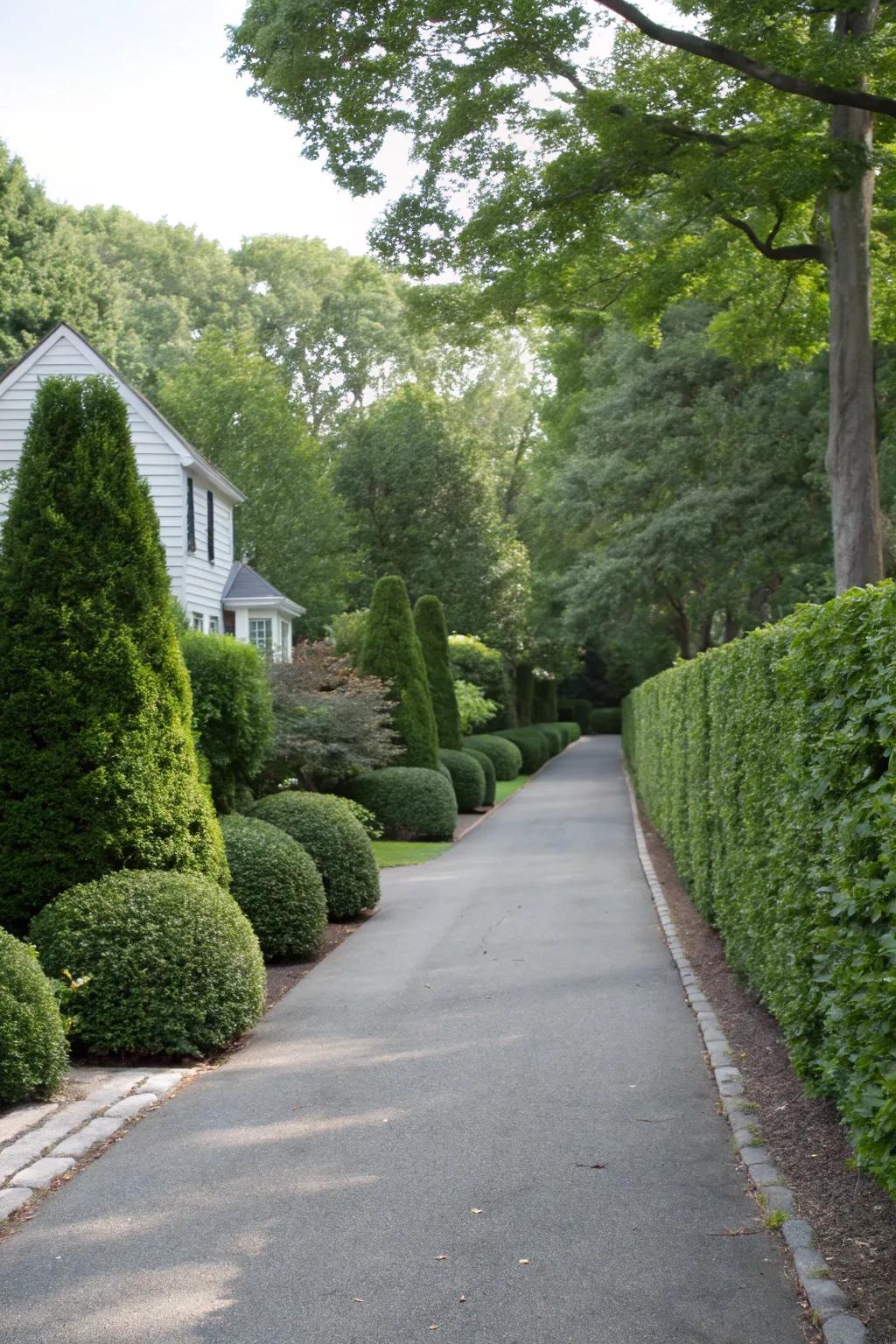 Green shrubs offer a natural and soothing driveway boundary.