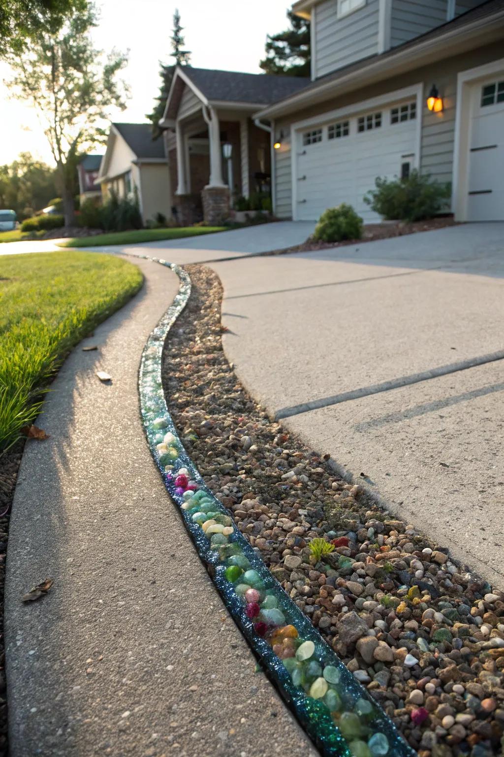 Recycled glass mulch adds color and sustainability.