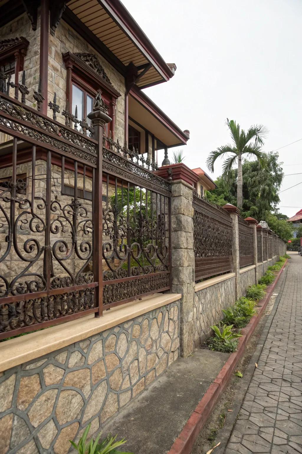 The fusion of masonry and iron creates a timeless and secure fencing option.