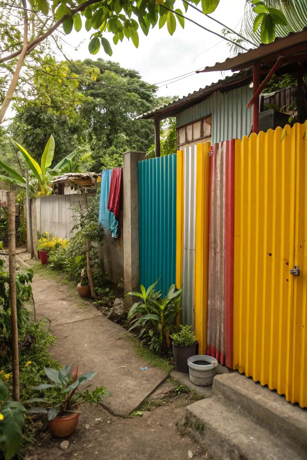 Corrugated metal sheets provide an industrial and customizable fencing option.