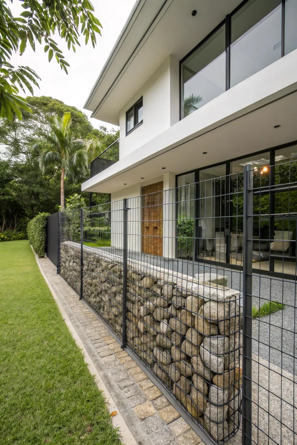 Gabion walls offer a modern and durable fencing option.