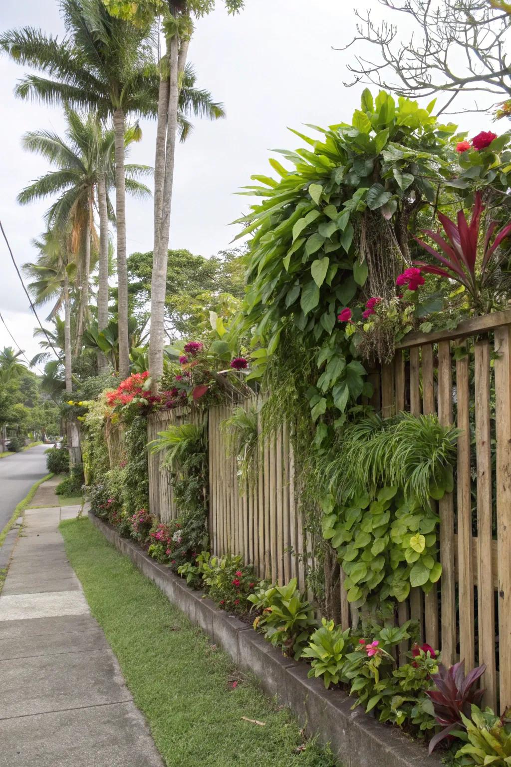 A vertical garden fence combines modern design with lush greenery.