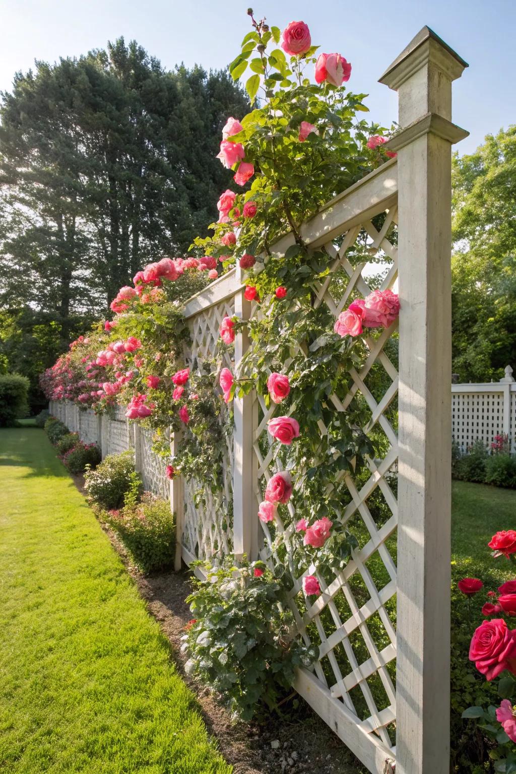 Trellis fences with roses create a romantic and elegant garden setting.